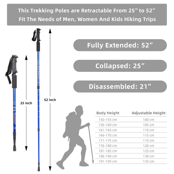 Rexmon Trekking Poles, Collapsible Lightweight Shock-Absorbent Hiking Walking Sticks Adjustable Aluminum Hiking Poles for Women Men Kids, 2 Pack(Blue)