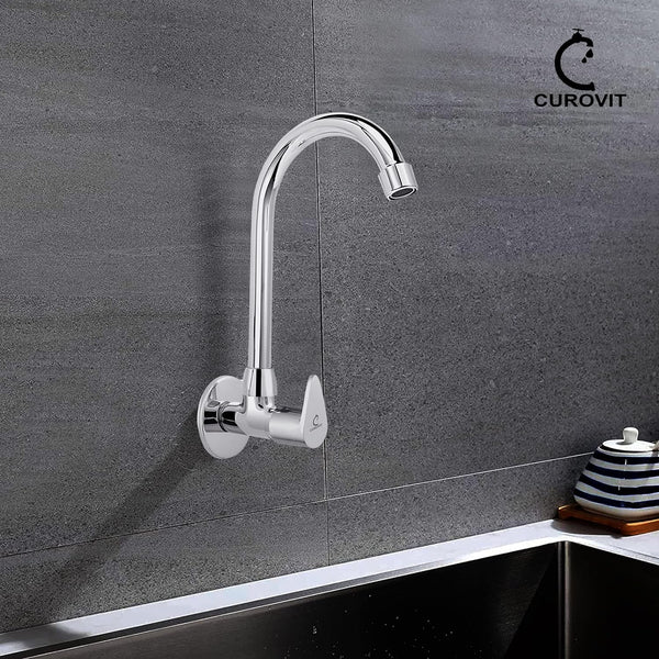 CUROVIT Torrent ZINC Alloy Wall Mounted Sink Cock Silver in Color Chrome Finish Swinging Spout Quarter Turn with Wall Flange for Kitchen