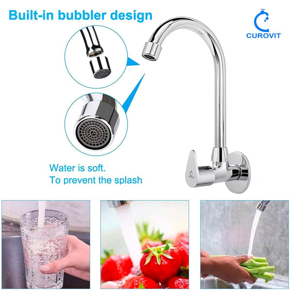 CUROVIT Torrent ZINC Alloy Wall Mounted Sink Cock Silver in Color Chrome Finish Swinging Spout Quarter Turn with Wall Flange for Kitchen