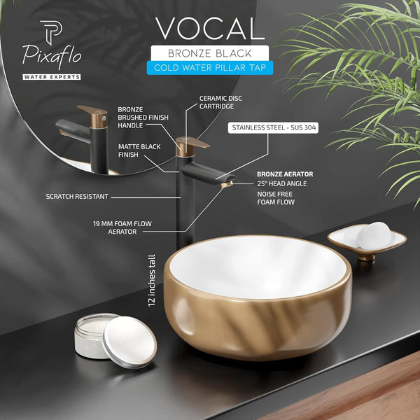 Pixaflo Vocal SS-304 Extended Tall Body Pillar Cock 12" Tap for Wash Basin