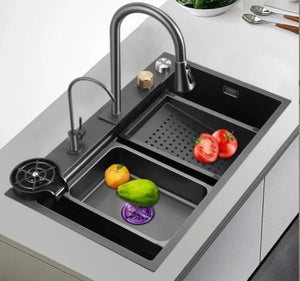 JOKSEEN Kitchen Sink 304 Grade Stainless Steel Single Bowl Handmade Black Color Kitchen Sink With Waterfall Faucet