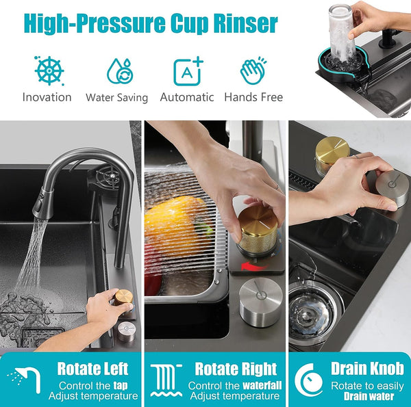 JOKSEEN Kitchen Sink 304 Grade Stainless Steel Single Bowl Handmade Black Color Kitchen Sink With Waterfall Faucet