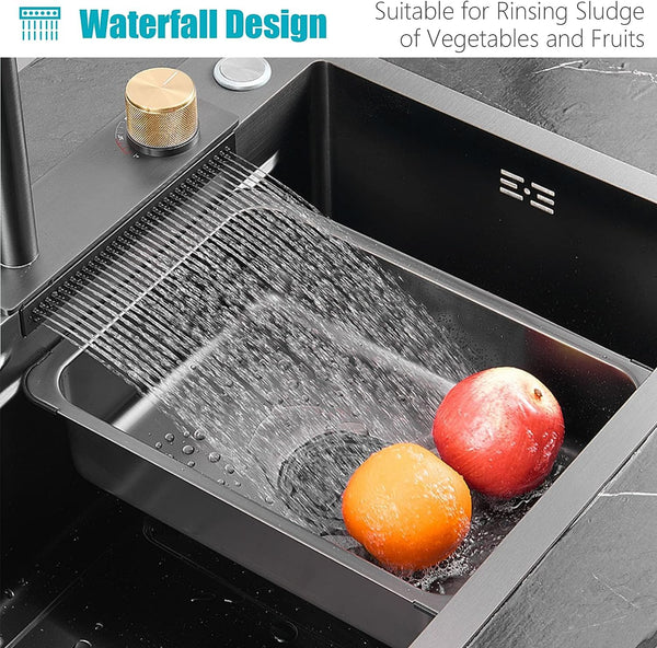 JOKSEEN Kitchen Sink 304 Grade Stainless Steel Single Bowl Handmade Black Color Kitchen Sink With Waterfall Faucet