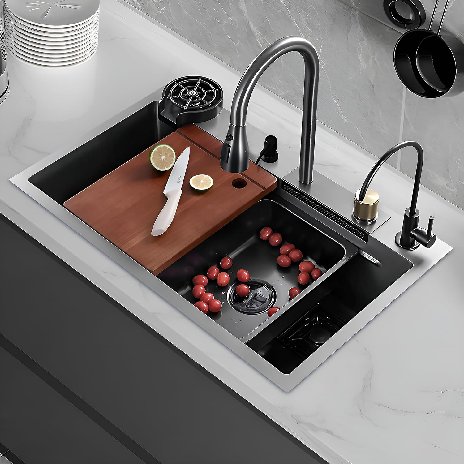 Plantex Fully Equipped Kitchen Sink with Integrated Waterfall and Pull-down Faucets