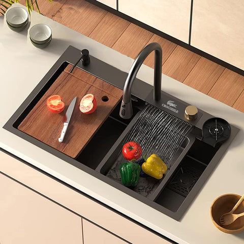 CROCODILE Kitchen Sink with ANTI SCRATCH HONEYCOMB DESIGN Integrated Waterfall and Pull-down Faucet Set