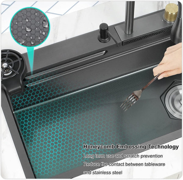 CROCODILE Kitchen Sink with ANTI SCRATCH HONEYCOMB DESIGN Integrated Waterfall and Pull-down Faucet Set