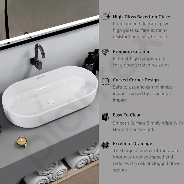 Plantex Platinium Ceramic Tabletop Oval Wash Basin/Countertop Bathroom Sink