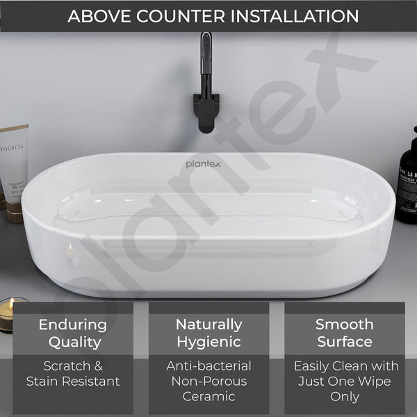 Plantex Platinium Ceramic Tabletop Oval Wash Basin/Countertop Bathroom Sink